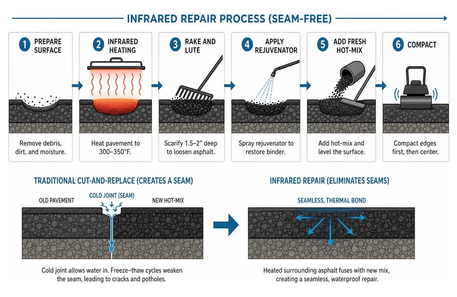 Process diagram showing how infrared repair eliminates seams Process diagram showing how infrared repair eliminates seams