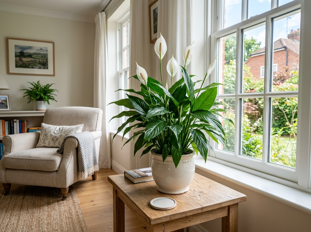A beautiful Peace Lily in a bright, airy living room - healthiest indoor plants list