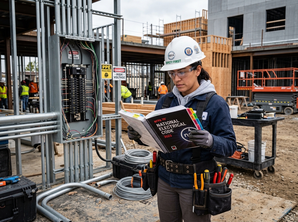 A professional electrician consulting a spiral-bound NEC book with color-coded tabs on a jobsite - nec book