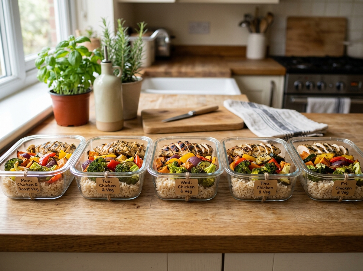 glass meal prep containers filled with rice, roasted vegetables, and grilled protein - healthy rice bowl recipes