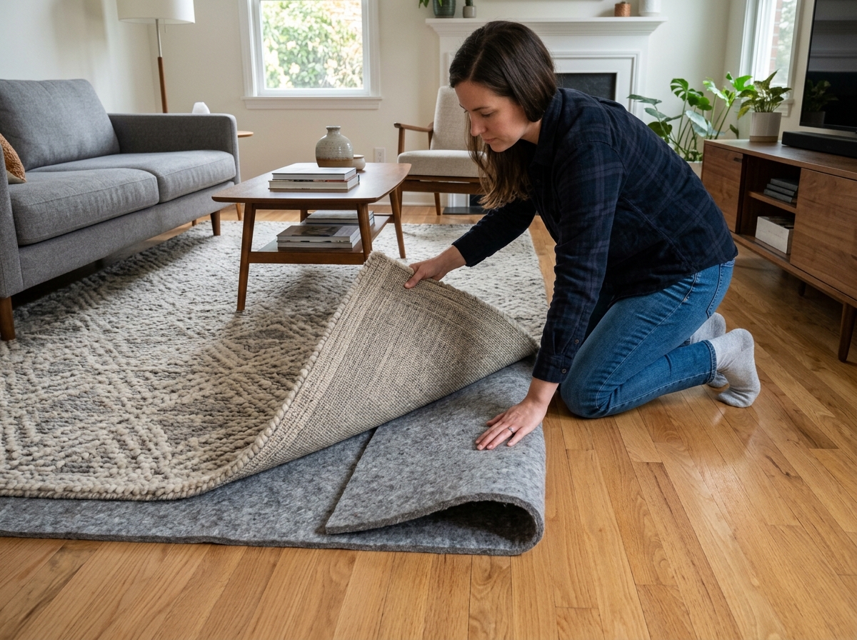A thick area rug with a high-quality felt pad being installed in a living room - reduce floor noise apartment