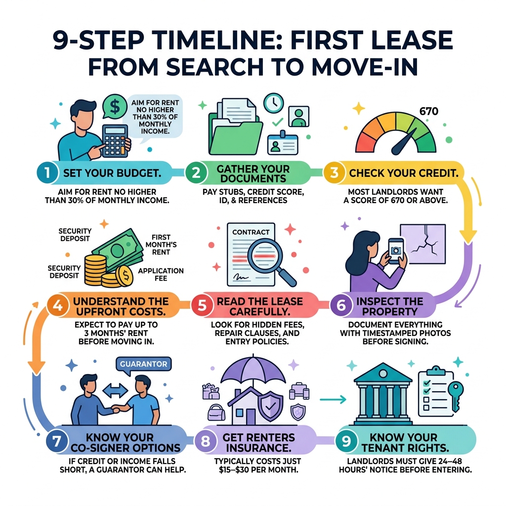 9-step timeline for young adult first lease from search to move-in - young adult first lease infographic 9-step timeline for young adult first lease from search to move-in - young adult first lease infographic