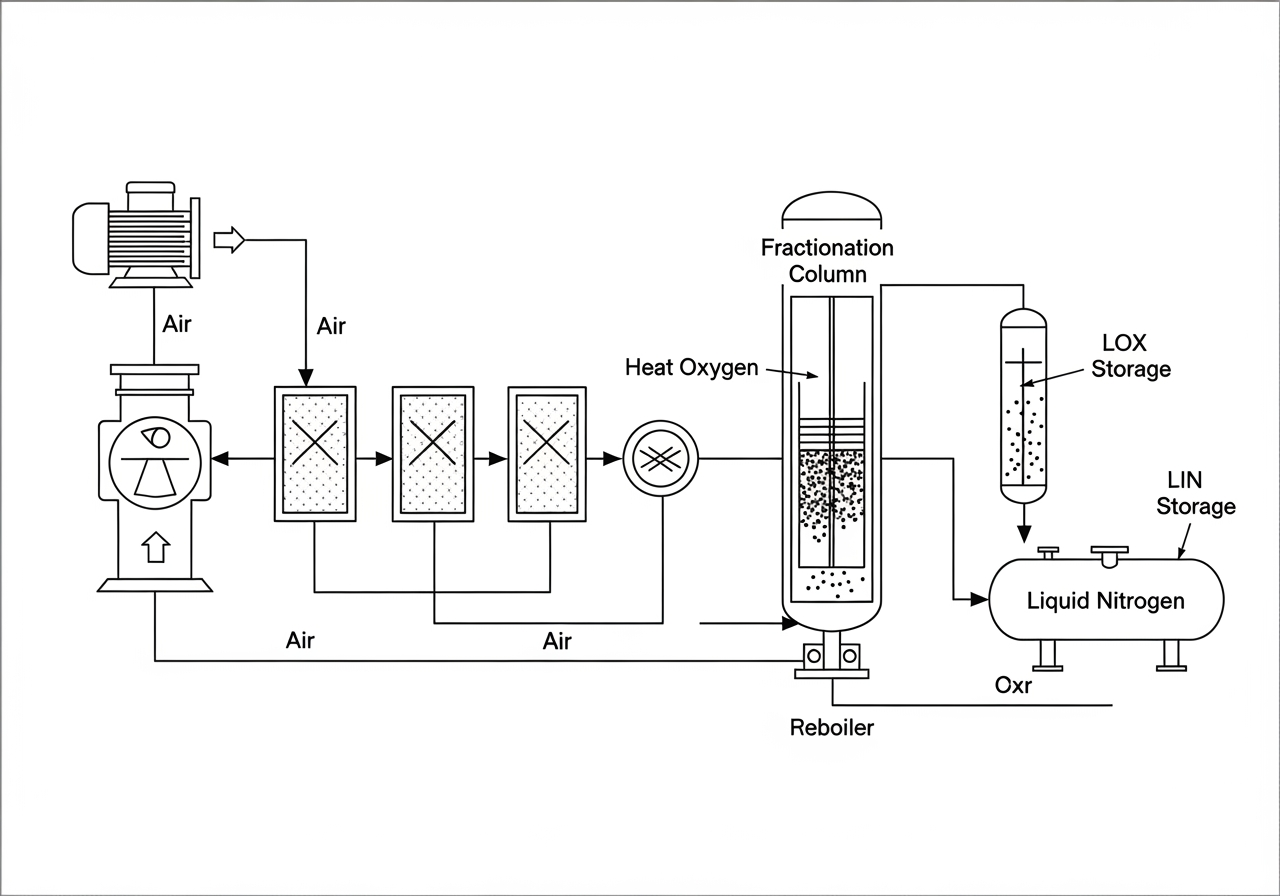 A simplified process flow diagram of an Air Separation Unit - Air separation equipment