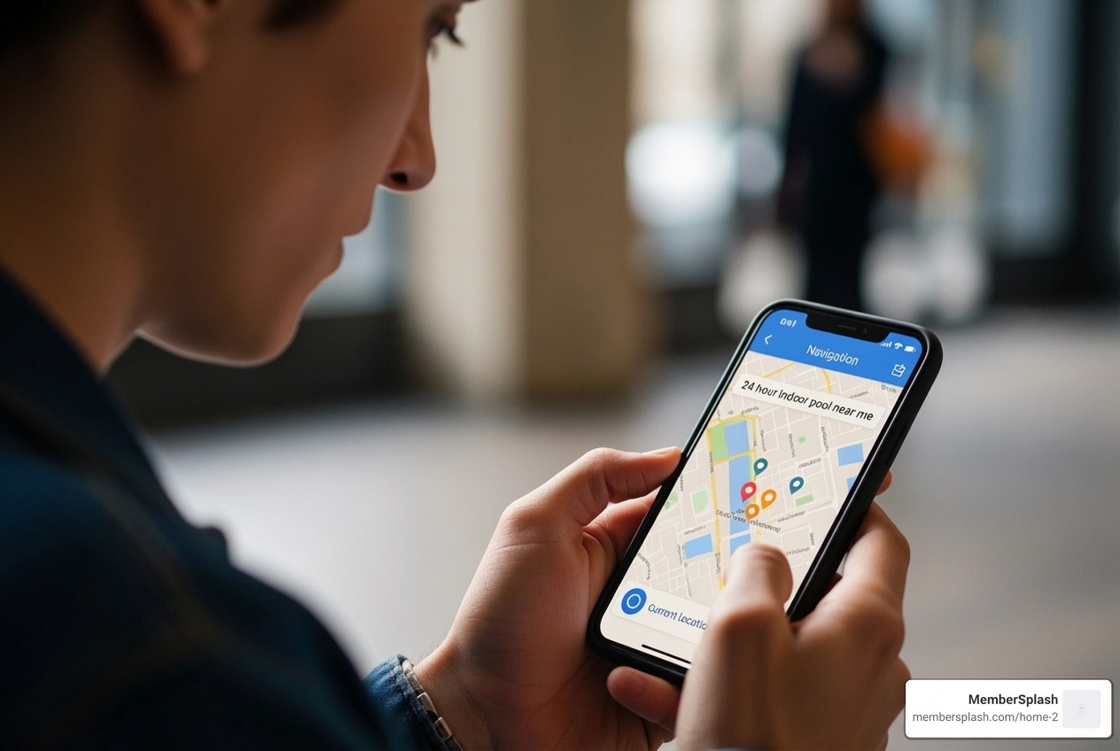 Person using a smartphone to search for pools - 24 hour indoor pool near me