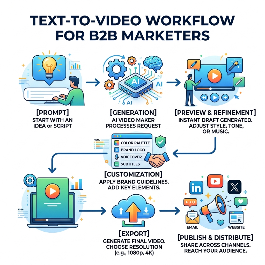 Text-to-video workflow infographic for B2B marketers showing prompt to published video steps - Easy AI video maker