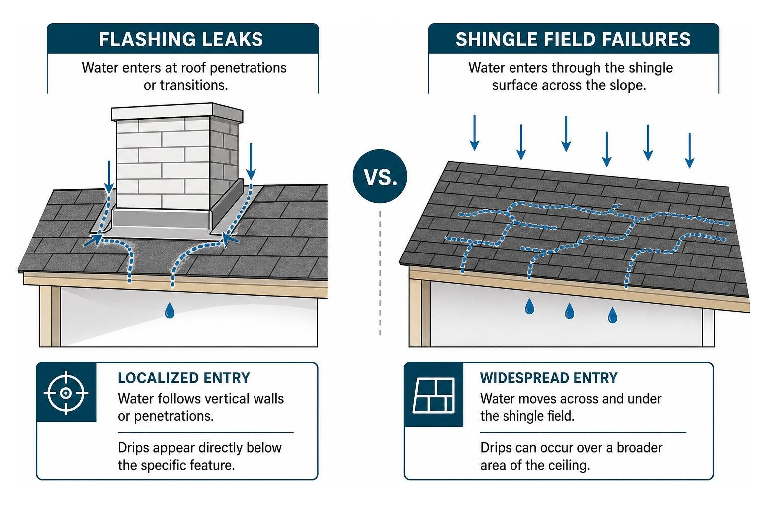 Diagram showing water intrusion pathways at roof flashing versus shingle field Diagram showing water intrusion pathways at roof flashing versus shingle field