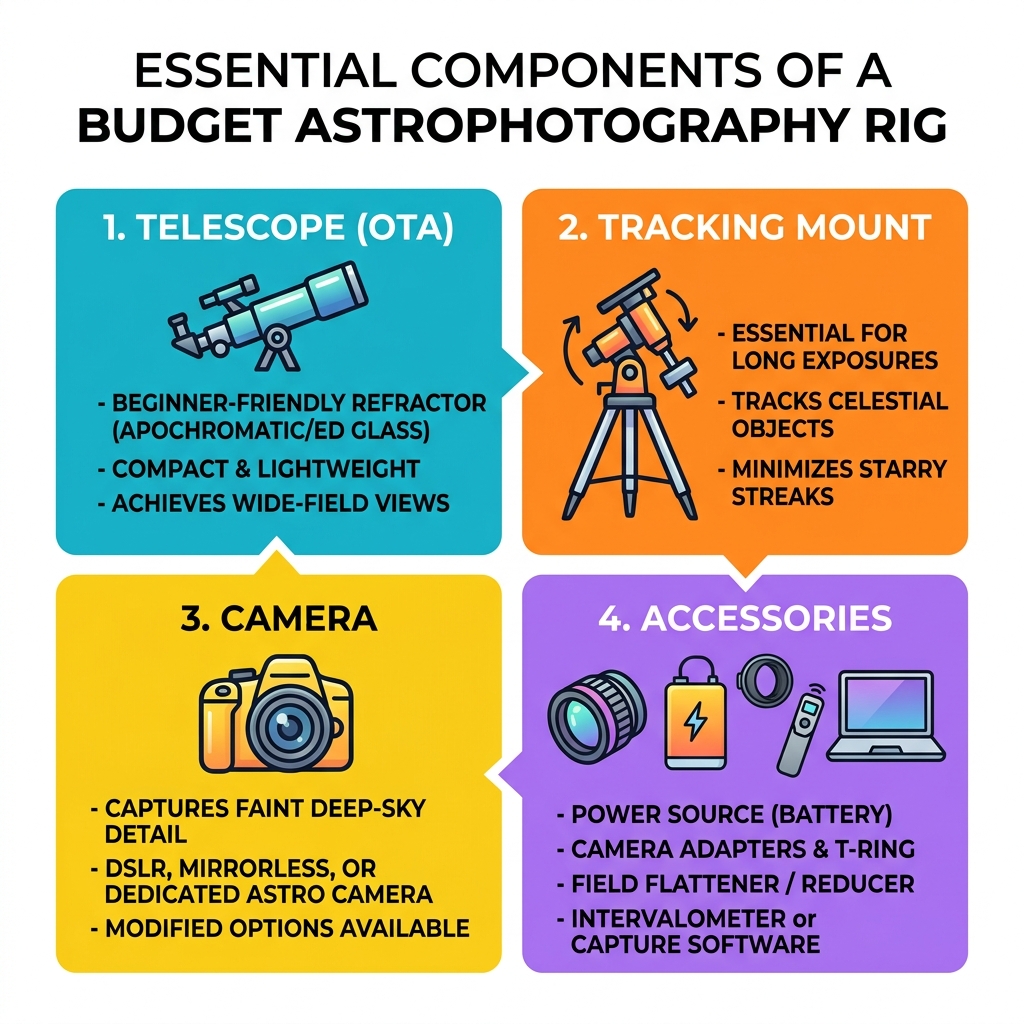 Essential components of a budget astrophotography rig: telescope, mount, camera, and accessories - budget telescope for astrophotography Essential components of a budget astrophotography rig: telescope, mount, camera, and accessories - budget telescope for astrophotography