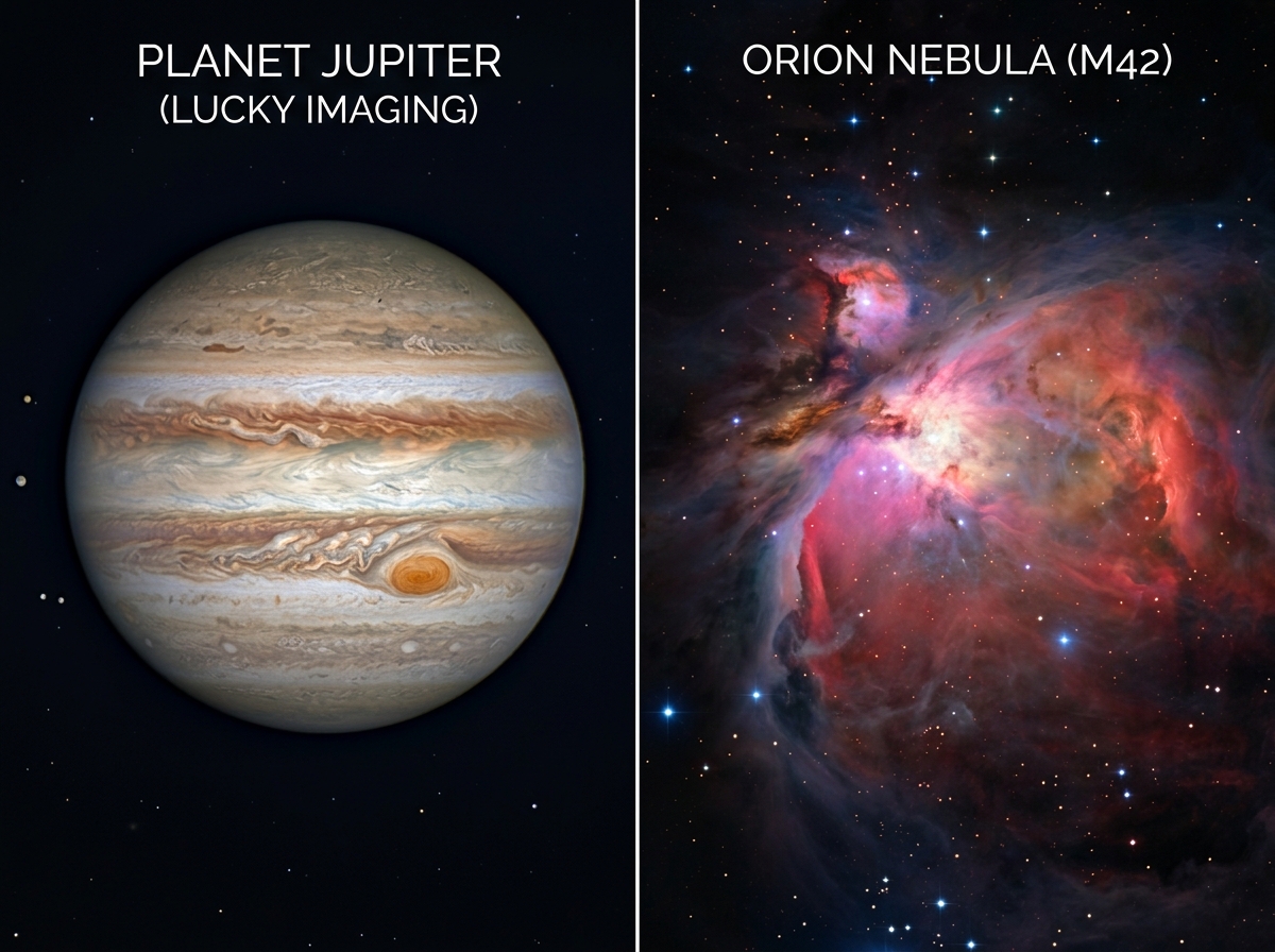 Jupiter captured with high frame rate vs. Orion Nebula captured with long exposure - astrophotography camera Jupiter captured with high frame rate vs. Orion Nebula captured with long exposure - astrophotography camera