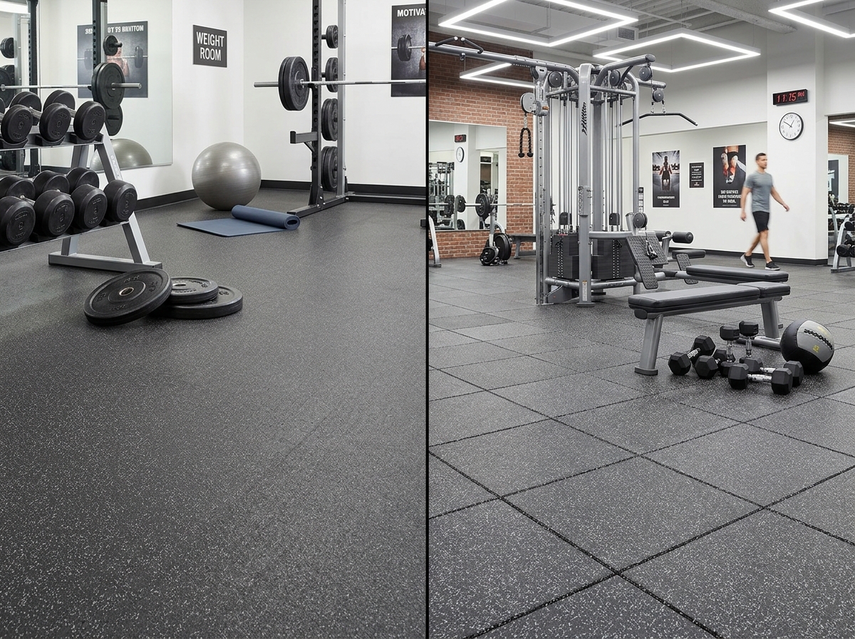 Comparing rubber rolls and interlocking tiles for gym spaces - fitness room flooring