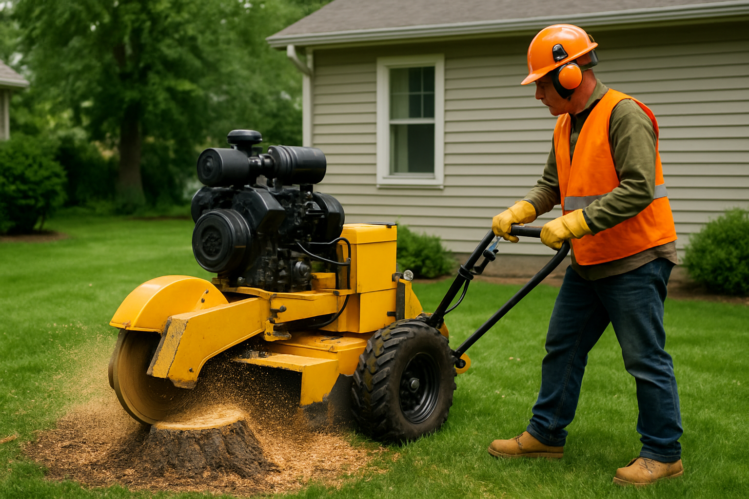 Stump grinder in action removing tree stump - Tree removal cost estimate