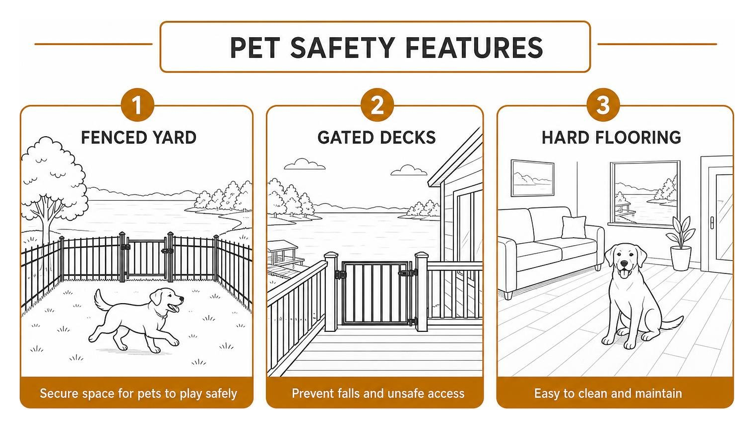 Diagram illustrating pet safety features including fenced yards, gated decks, and hard flooring