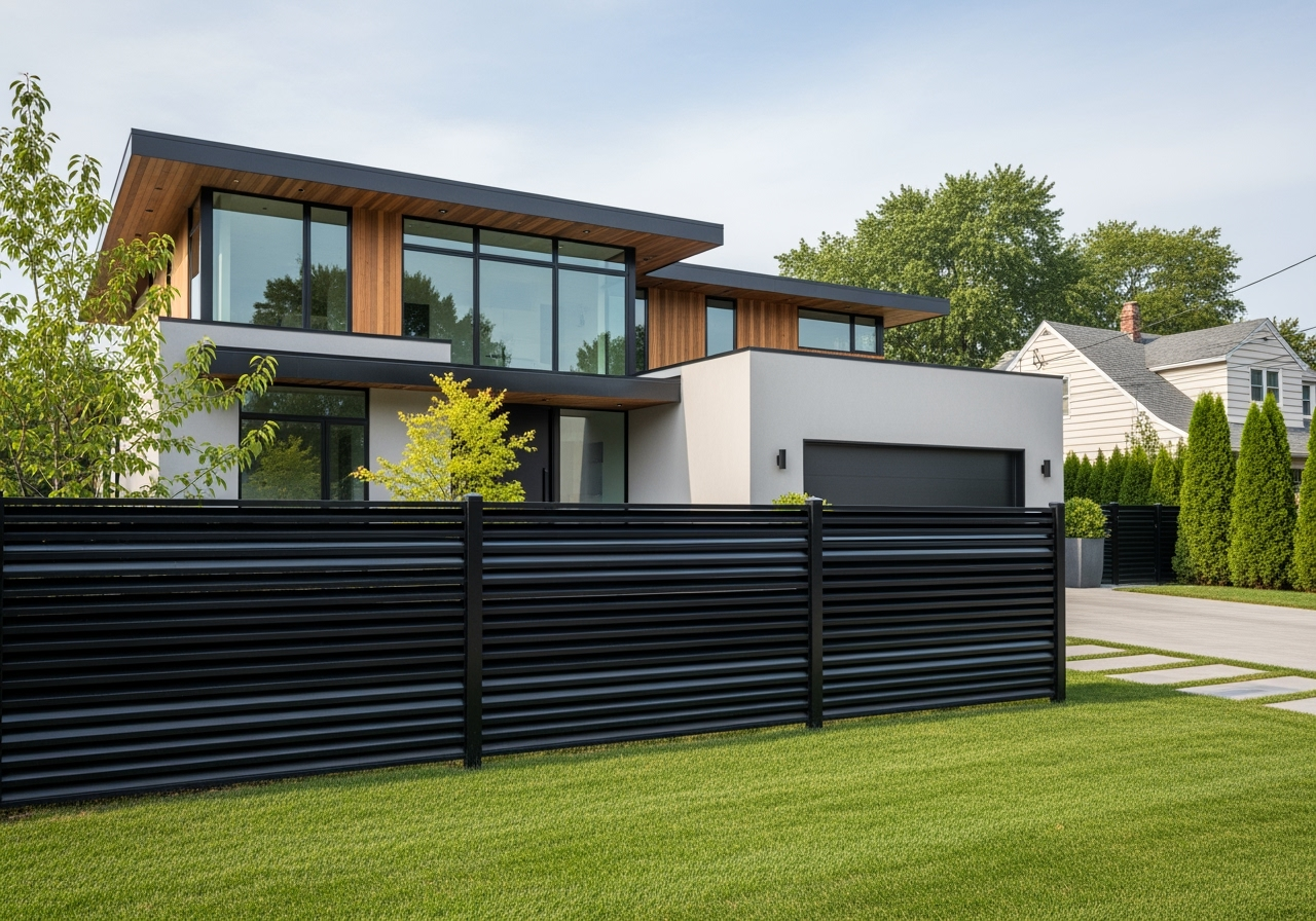 contemporary home with a sleek black aluminium slat fence - Rendered brick fences