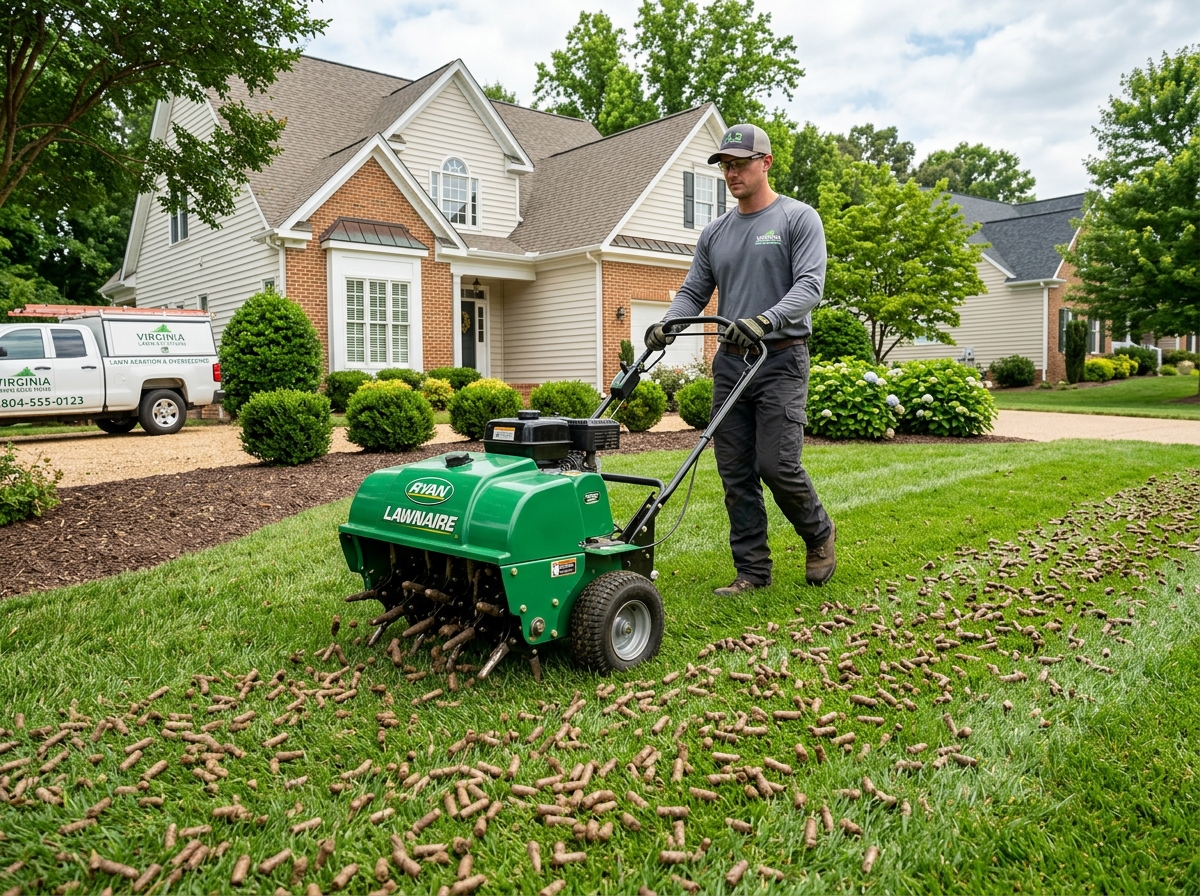 Professional core aeration process showing soil plugs being removed to improve oxygen and nutrient flow - premium turf lawn care Professional core aeration process showing soil plugs being removed to improve oxygen and nutrient flow - premium turf lawn care