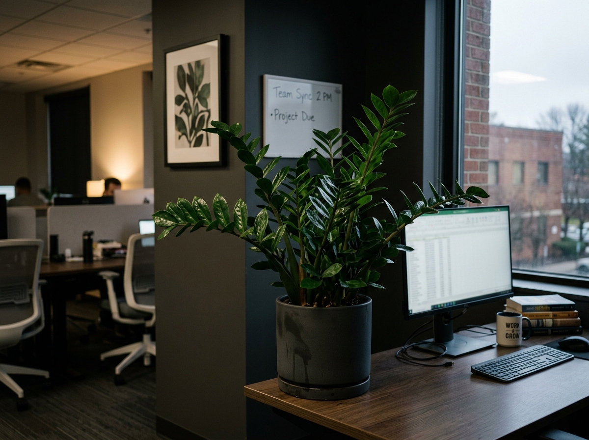 A lush ZZ plant thriving in a dim office corner with minimal natural light - zz plant low maintenance A lush ZZ plant thriving in a dim office corner with minimal natural light - zz plant low maintenance