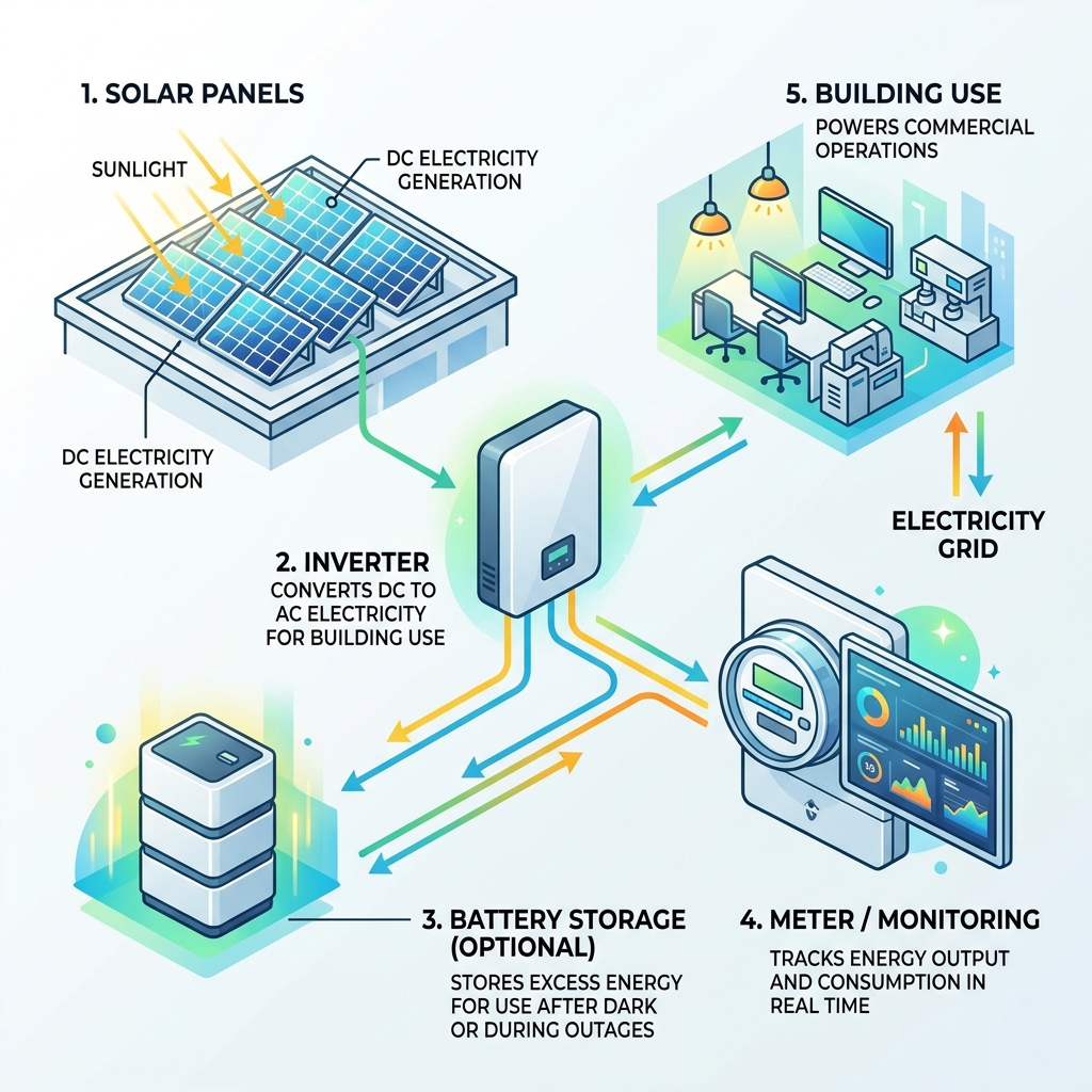 Diagram showing components of a commercial solar energy system including panels, inverter, battery, and meter - commercial Diagram showing components of a commercial solar energy system including panels, inverter, battery, and meter - commercial