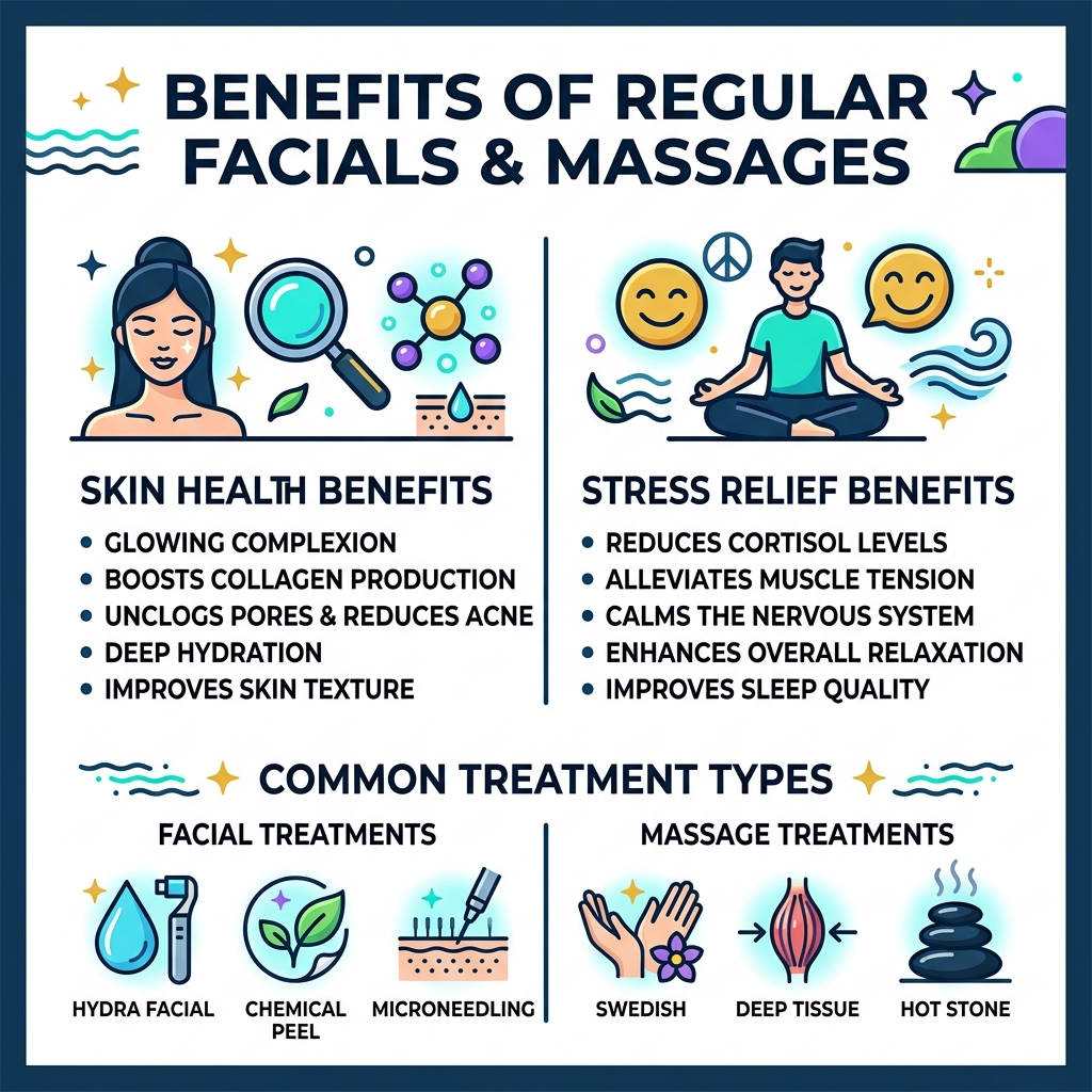 Benefits of regular facials and massages infographic showing skin health, stress relief, and treatment types - facials and