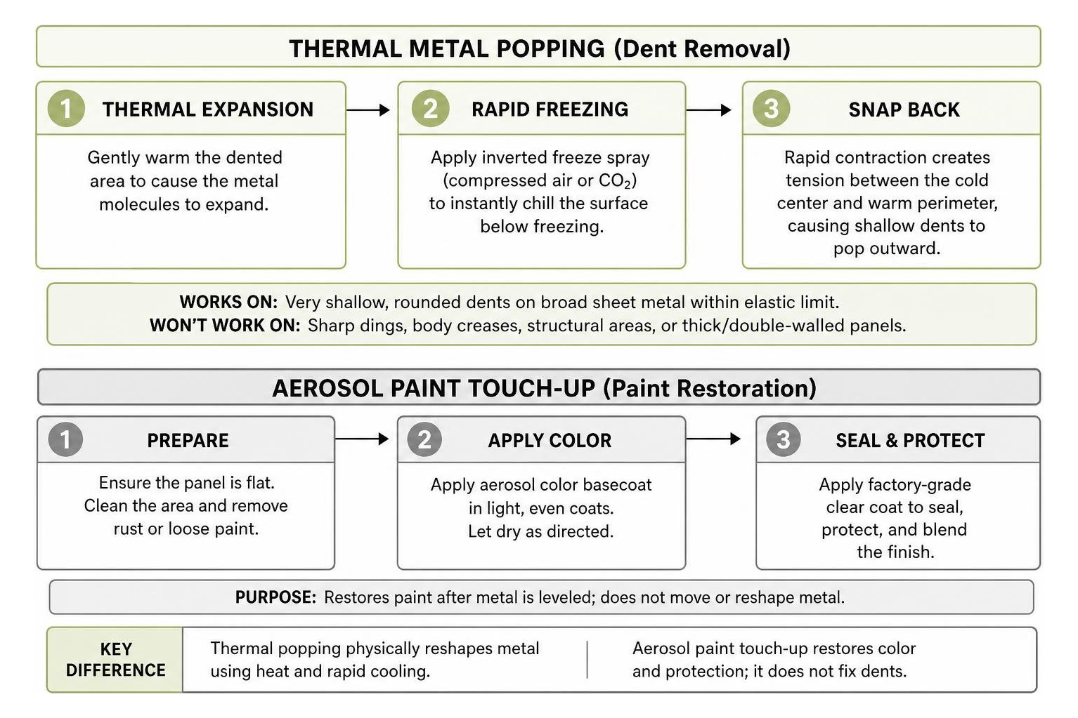 Workflow diagram comparing thermal metal popping and aerosol paint touch-up stages Workflow Diagram Comparing Thermal Metal Popping And Aerosol Paint Touch-Up Stages