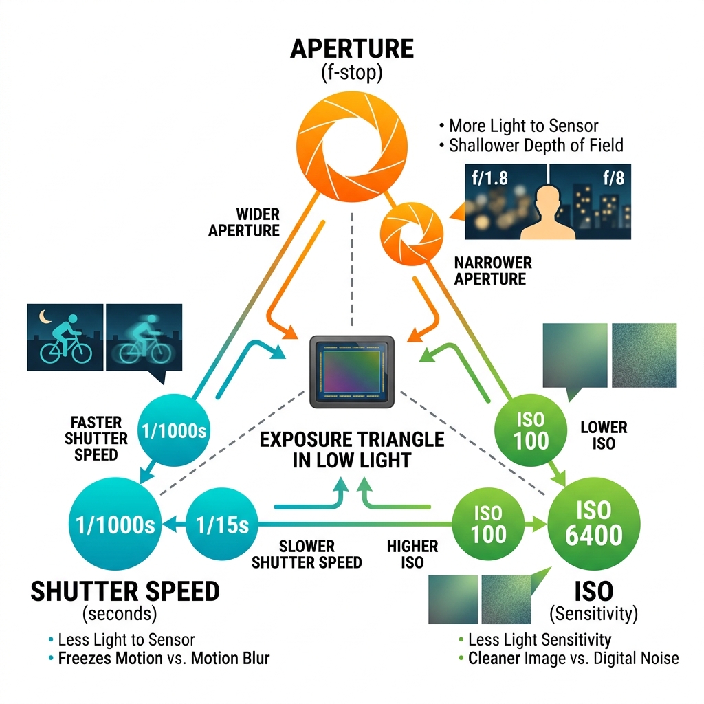Exposure triangle diagram showing aperture, shutter speed, and ISO interactions in dark conditions - low light photography