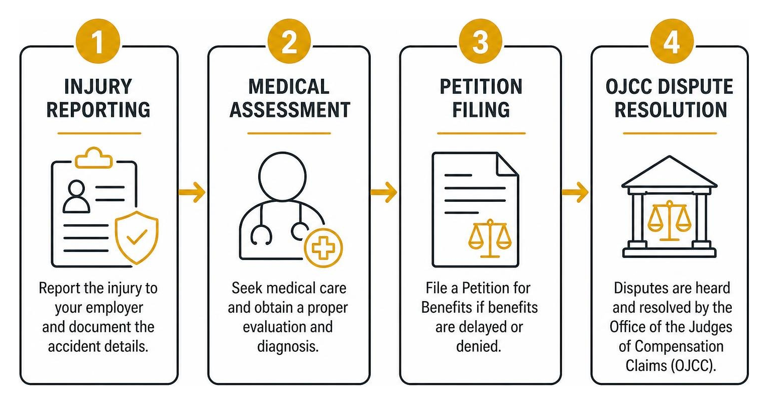 Step-by-step workflow showing injury reporting, medical assessment, petition filing, and OJCC dispute resolution Step-by-step workflow showing injury reporting, medical assessment, petition filing, and OJCC dispute resolution