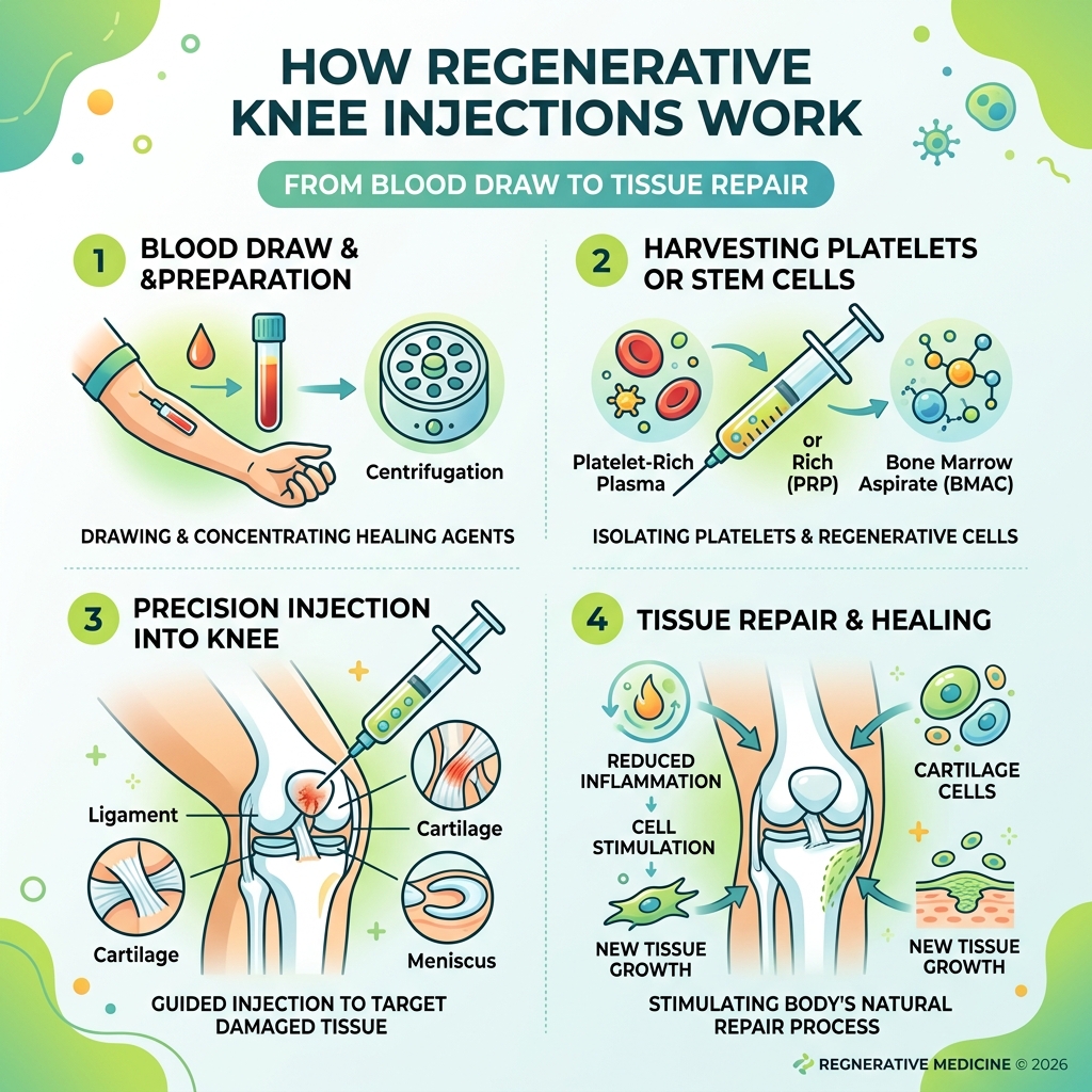 How regenerative knee injections work: from blood draw to tissue repair infographic - regenerative knee injections