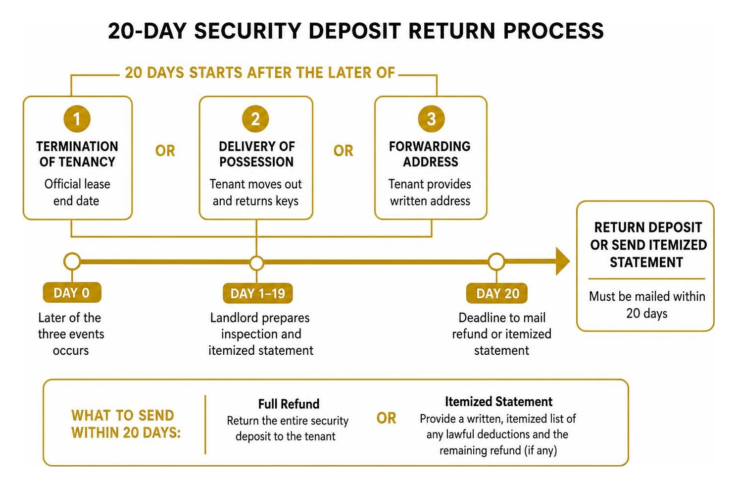 Step-by-step timeline of the 20-day security deposit return process Step-by-step timeline of the 20-day security deposit return process