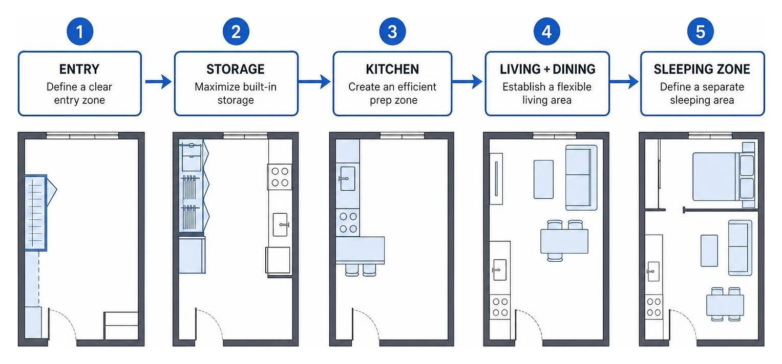 Process of optimizing studio living zones from entry to functional spaces Process of optimizing studio living zones from entry to functional spaces