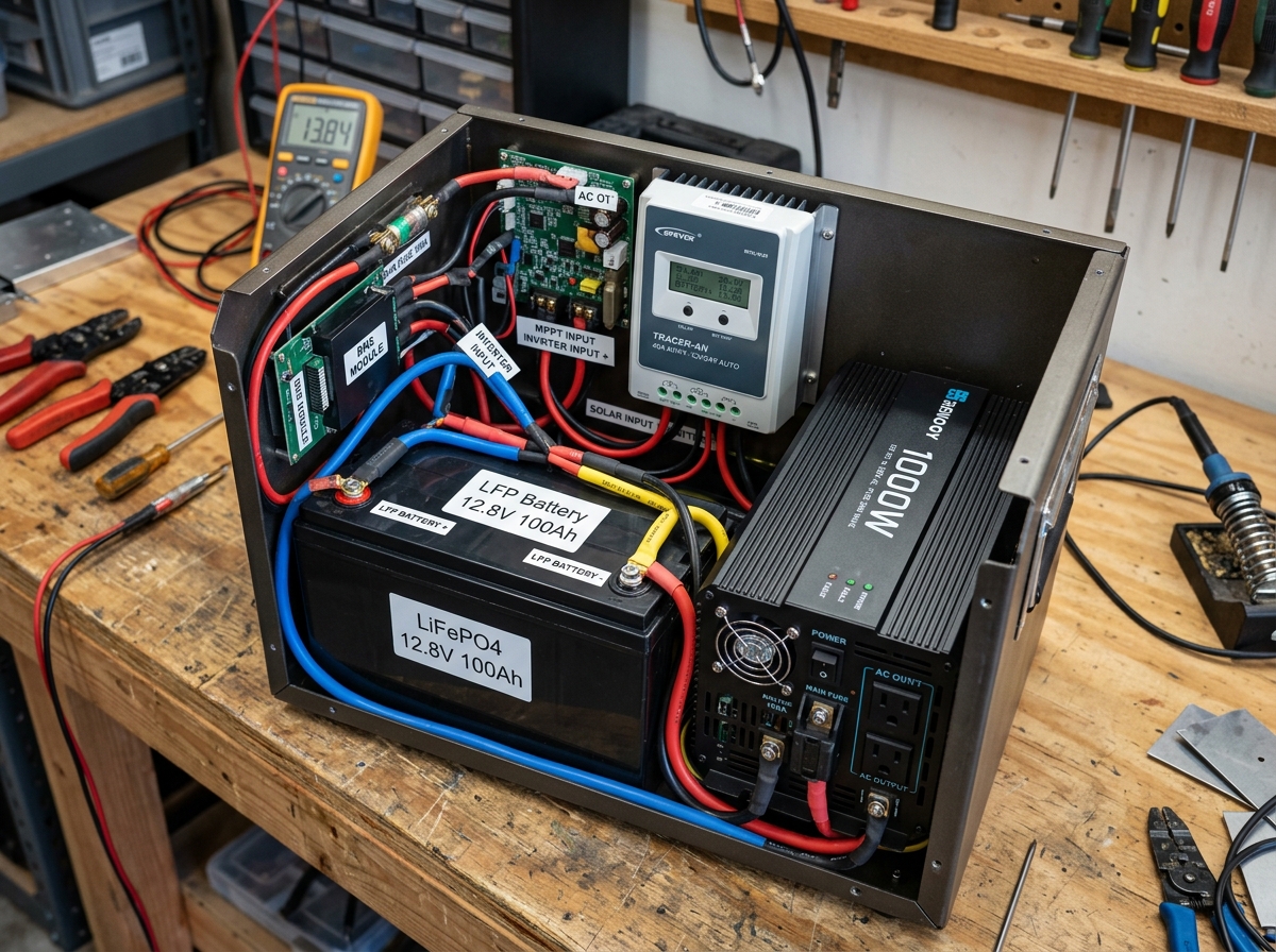 Internal components of a solar generator: LFP battery, inverter, and charge controller - emergency solar generator kit