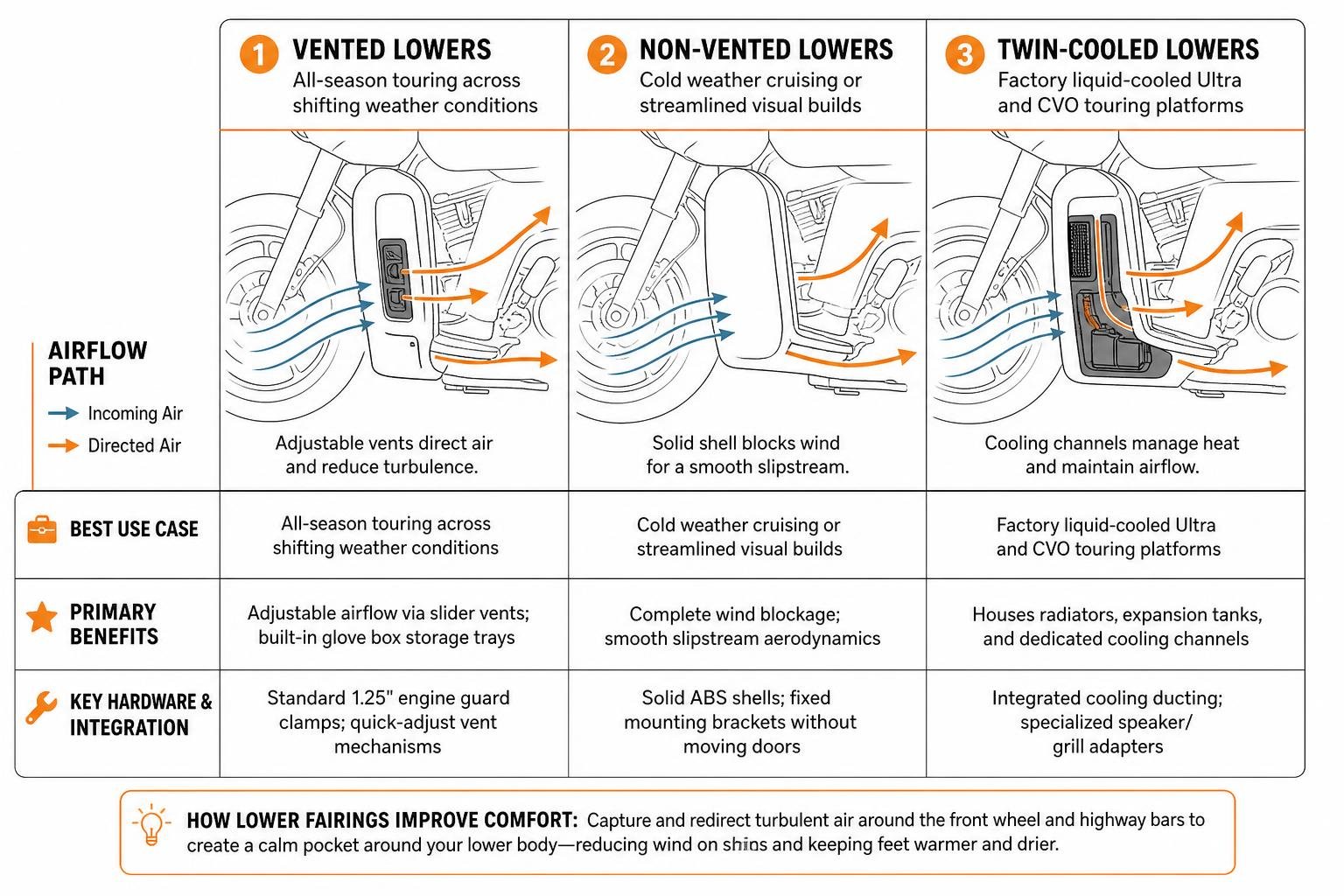 Harley lower fairing styles comparison and airflow paths