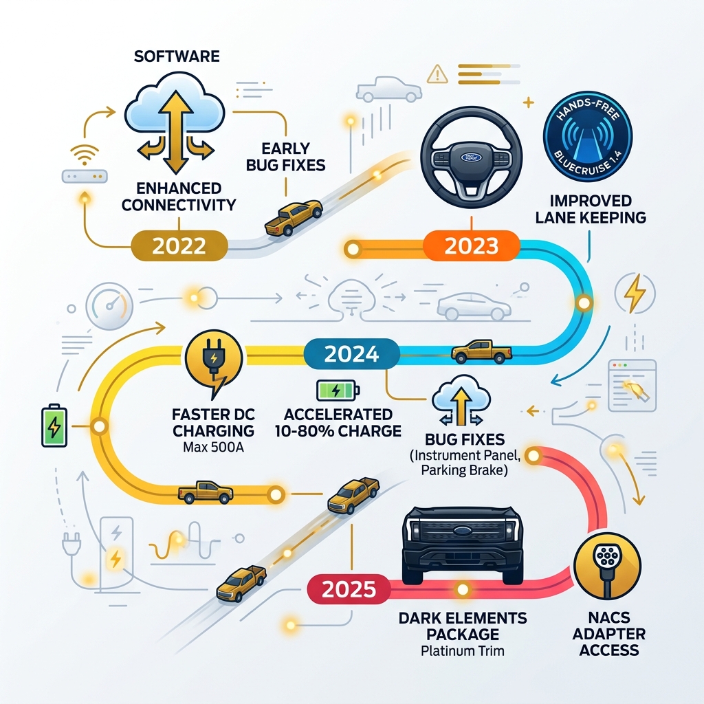 Timeline infographic of Ford F-150 Lightning OTA software updates from 2022 to 2025 - ford f150 lightning updates Timeline infographic of Ford F-150 Lightning OTA software updates from 2022 to 2025 - ford f150 lightning updates