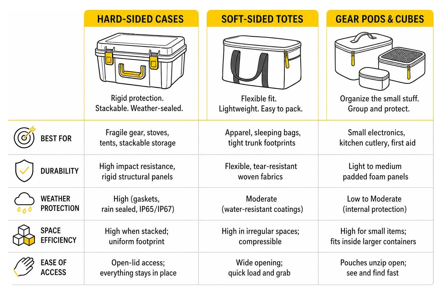 Comparison of hard-sided cases, soft-sided totes, and gear pods for outdoor storage Comparison of hard-sided cases, soft-sided totes, and gear pods for outdoor storage