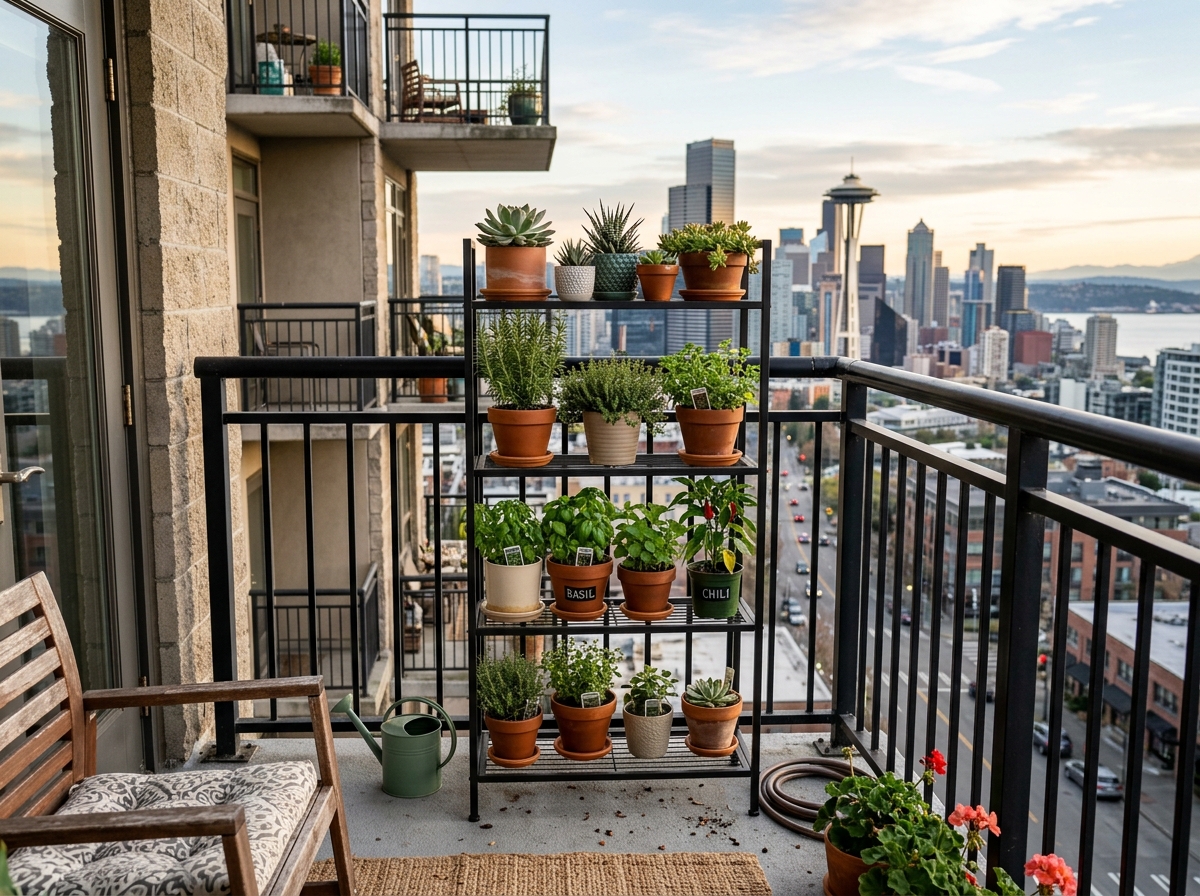 A tiered metal stand on a small balcony maximizing vertical space - plant stand ideas for balcony