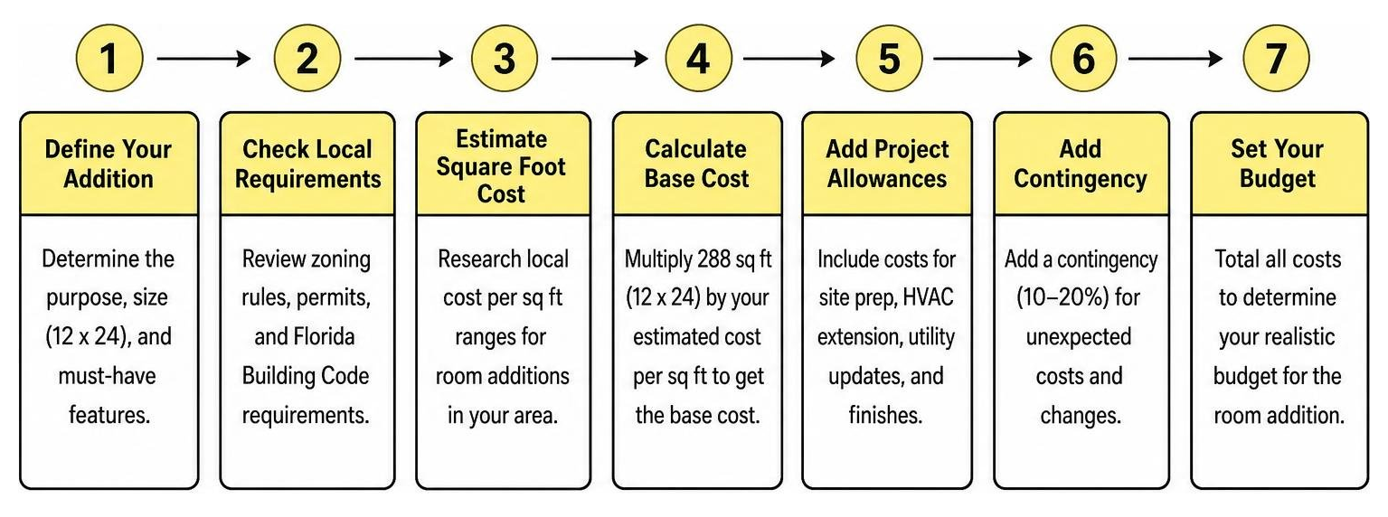 Process diagram showing steps to calculate and budget for a room addition Process diagram showing steps to calculate and budget for a room addition