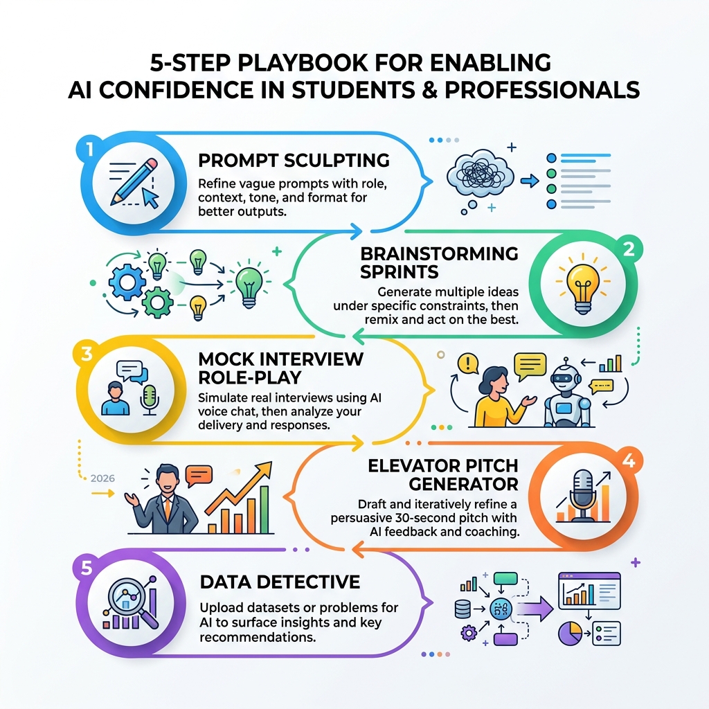 5-step playbook for enabling AI confidence in students and professionals - ai confidence building exercises infographic 