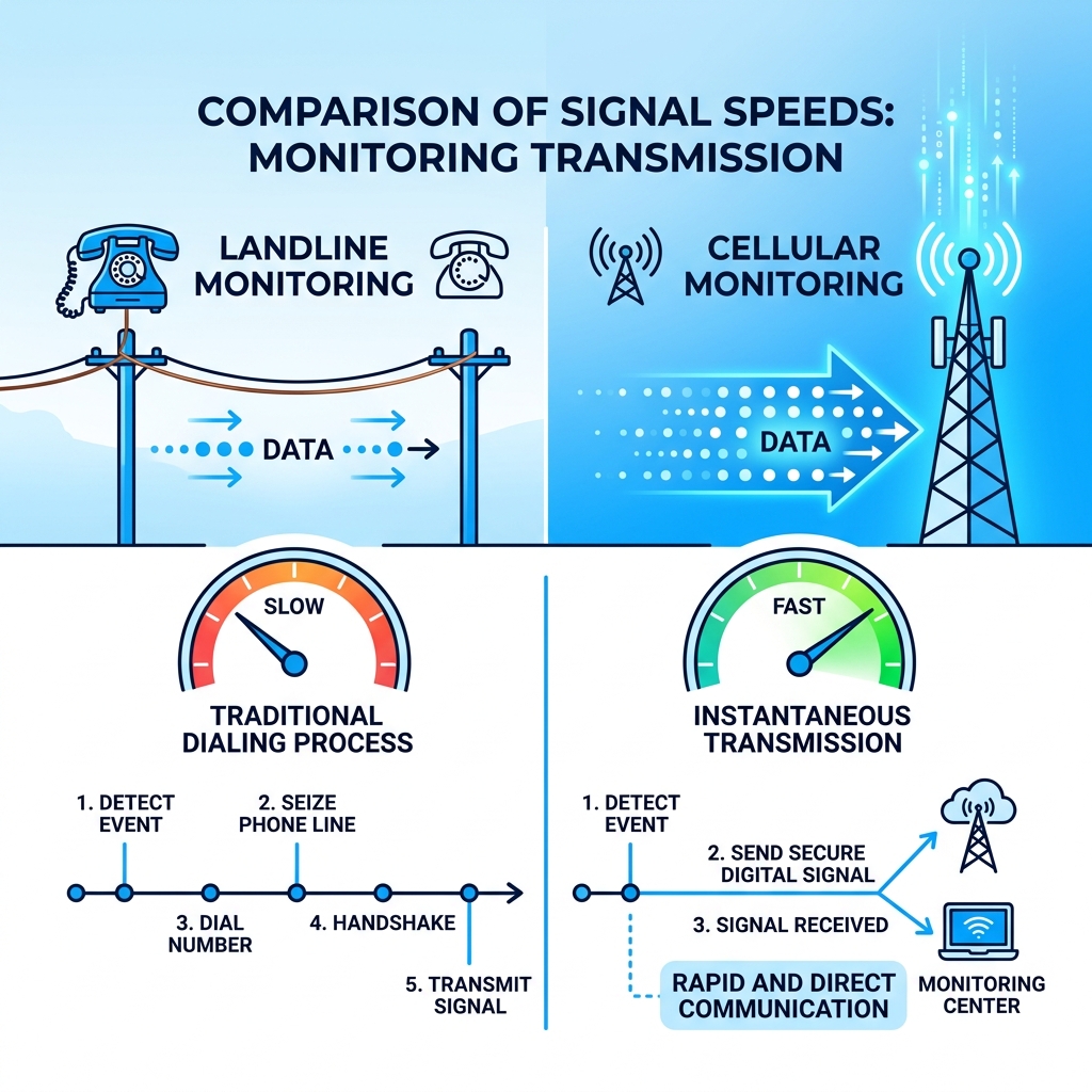 Comparison of signal speeds between Landline and Cellular monitoring - cellular monitoring infographic 