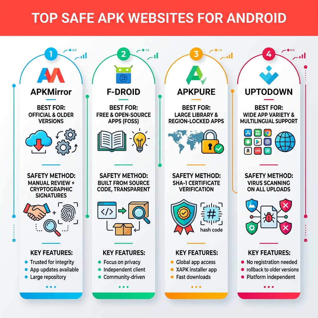 Infographic showing top safe APK websites, their safety methods, and key features at a glance - safe apk websites Infographic showing top safe APK websites, their safety methods, and key features at a glance - safe apk websites