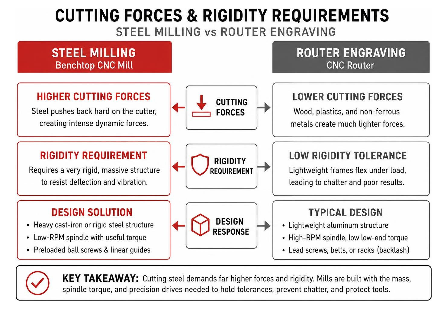 Cutting forces and rigidity requirements for steel milling vs router engraving
