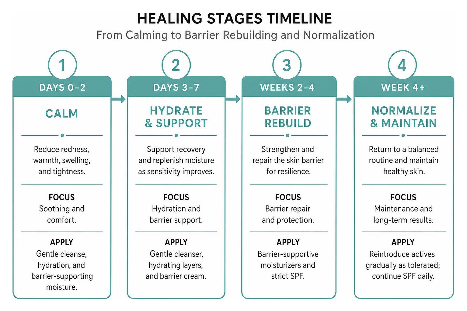 healing stages timeline from calming to barrier rebuilding and normalization