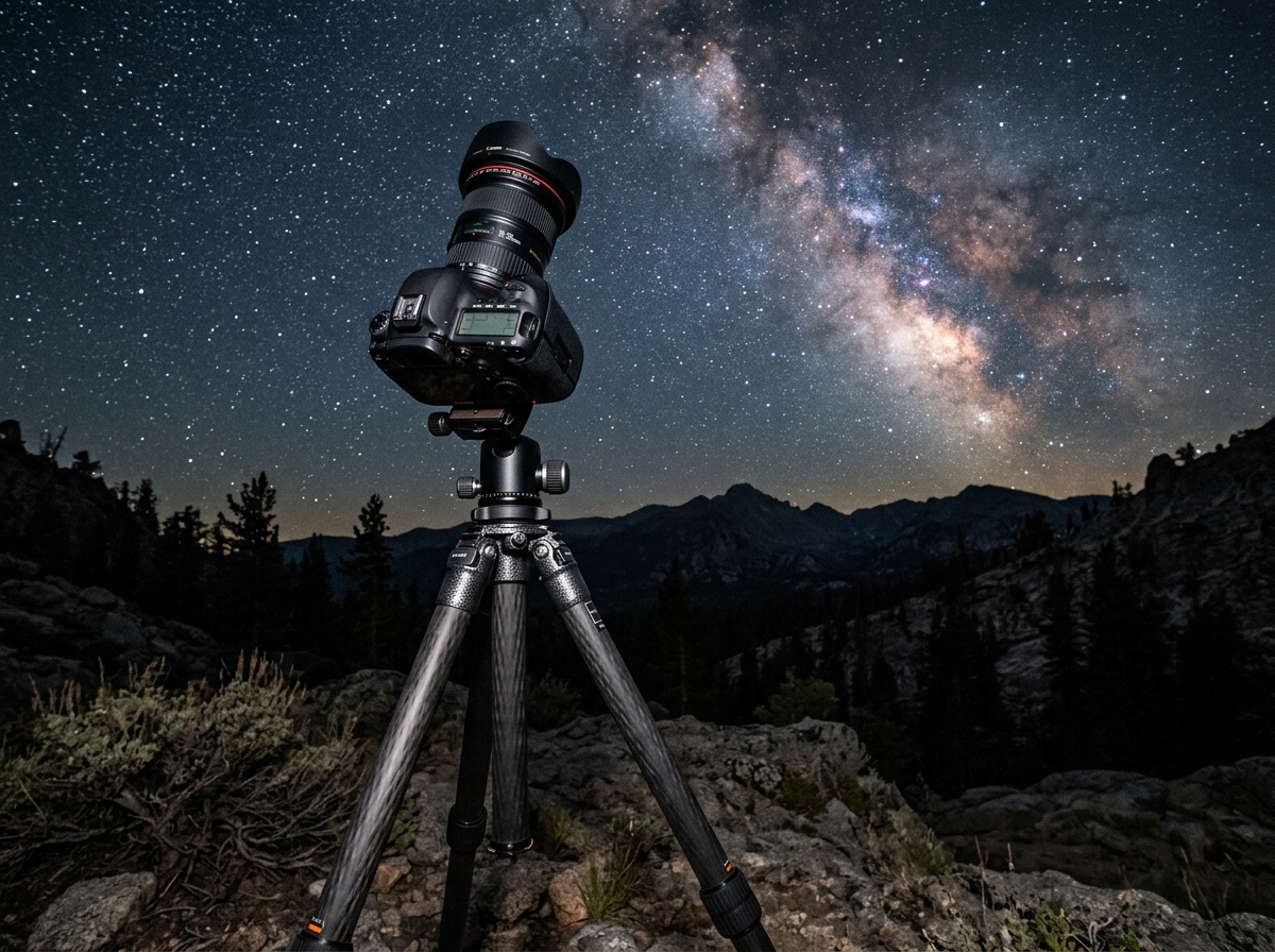 Camera setup on a sturdy tripod at night with a wide-angle lens pointed at the stars - star trails camera settings