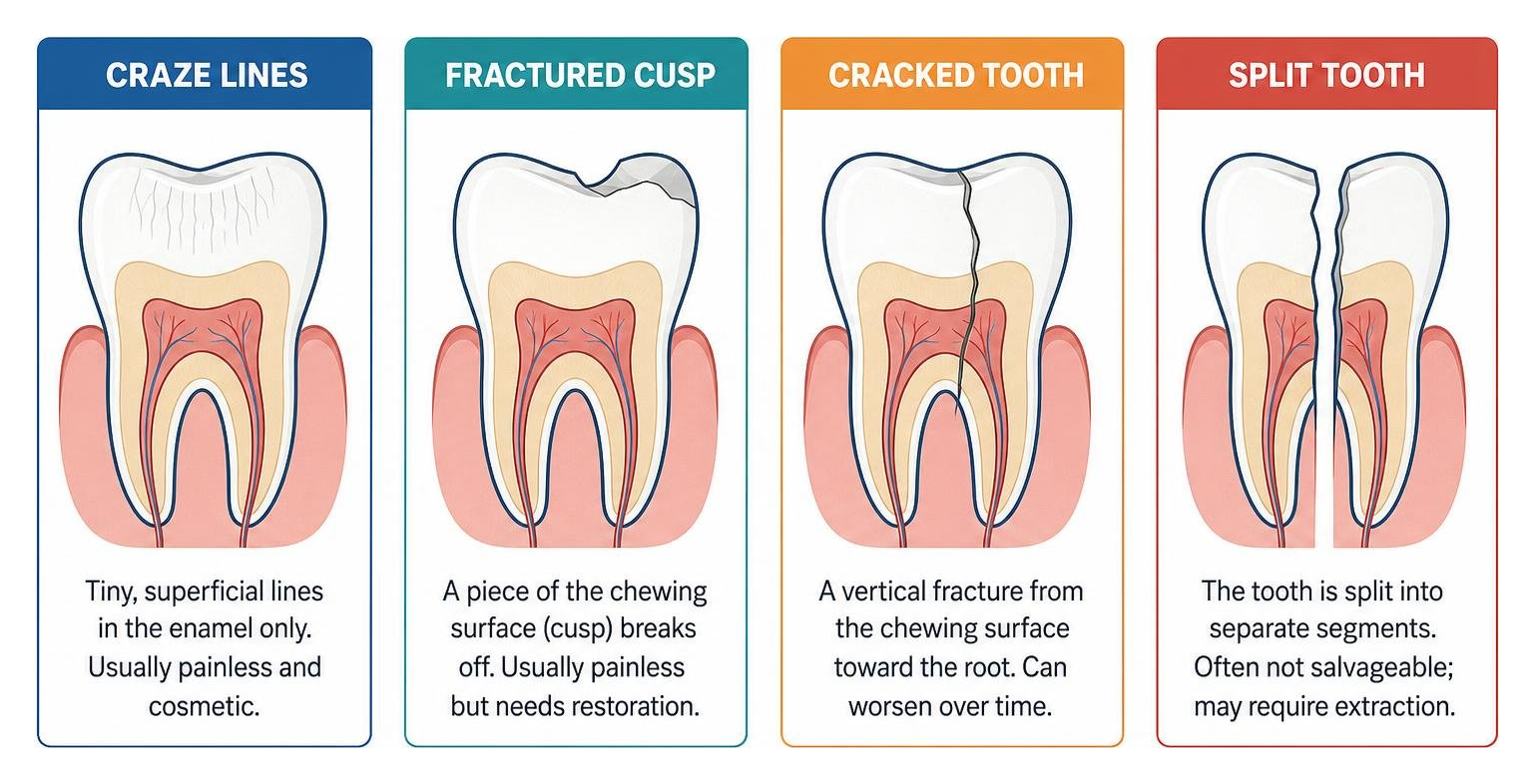 diagram of tooth fracture types showing craze lines, fractured cusp, cracked tooth, and split tooth diagram of tooth fracture types showing craze lines, fractured cusp, cracked tooth, and split tooth