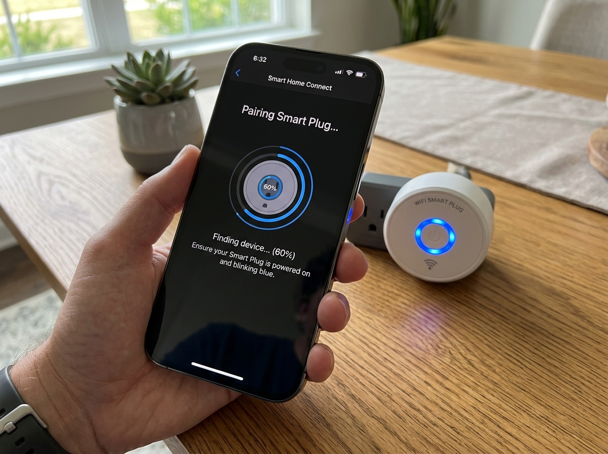 Smartphone app showing the pairing process with a circular smart plug blinking blue - beginner smart plug guide