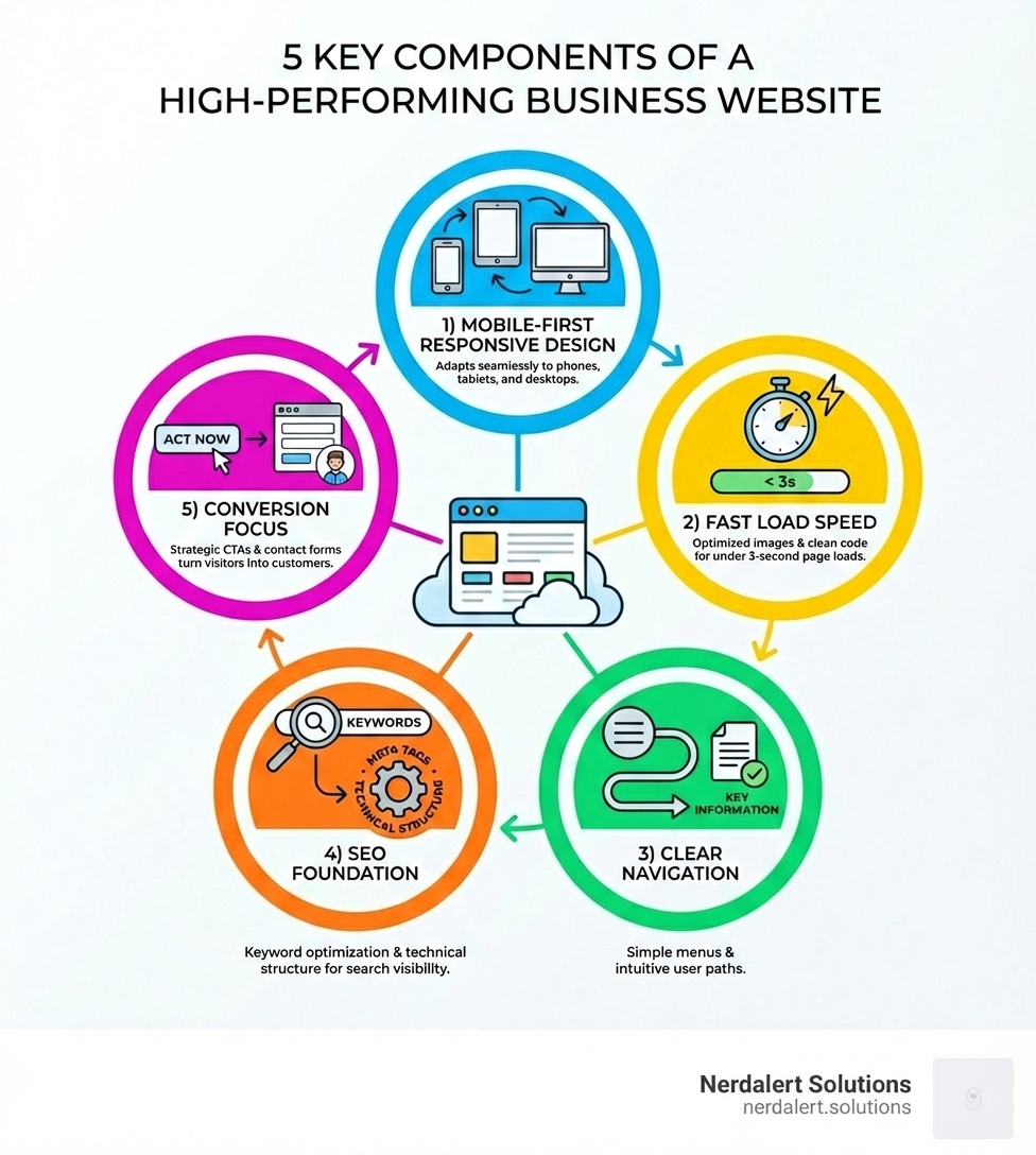Infographic showing the 5 key components of a high-performing business website: 1) Mobile-First Responsive Design - adapts seamlessly to phones, tablets, and desktops, 2) Fast Load Speed - optimized images and clean code for under 3-second page loads, 3) Clear Navigation - simple menus and intuitive user paths to key information, 4) SEO Foundation - keyword optimization, meta tags, and technical structure for search visibility, 5) Conversion Focus - strategic calls-to-action and contact forms that turn visitors into customers - palm desert web development infographic 