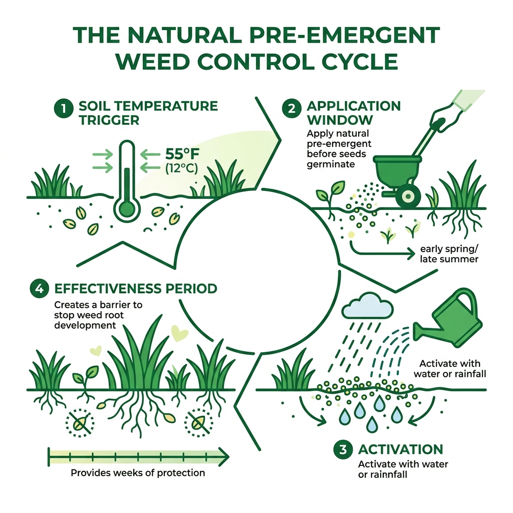 Infographic showing the pre-emergent weed control cycle: soil temp triggers, application window, activation, and