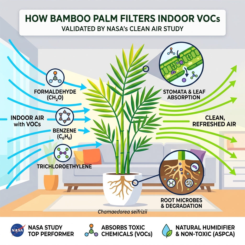 Infographic showing how bamboo palm filters VOCs formaldehyde benzene indoors NASA study - bamboo palm air cleaner