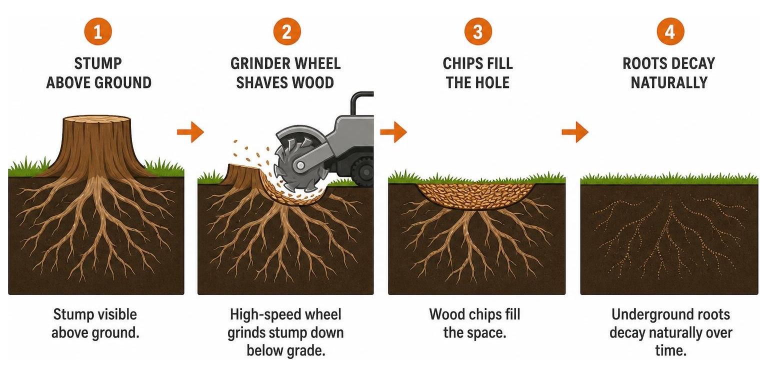 Diagram showing how a stump grinder shaves a stump below grade while leaving underground roots to decay