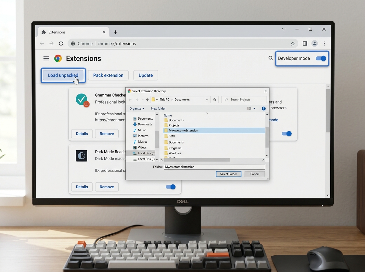 Chrome extension developer settings showing how to load an unpacked extension - ai debug helper tool