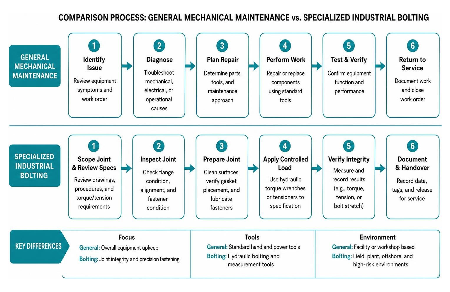 Comparison process between general mechanical maintenance and specialized industrial bolting