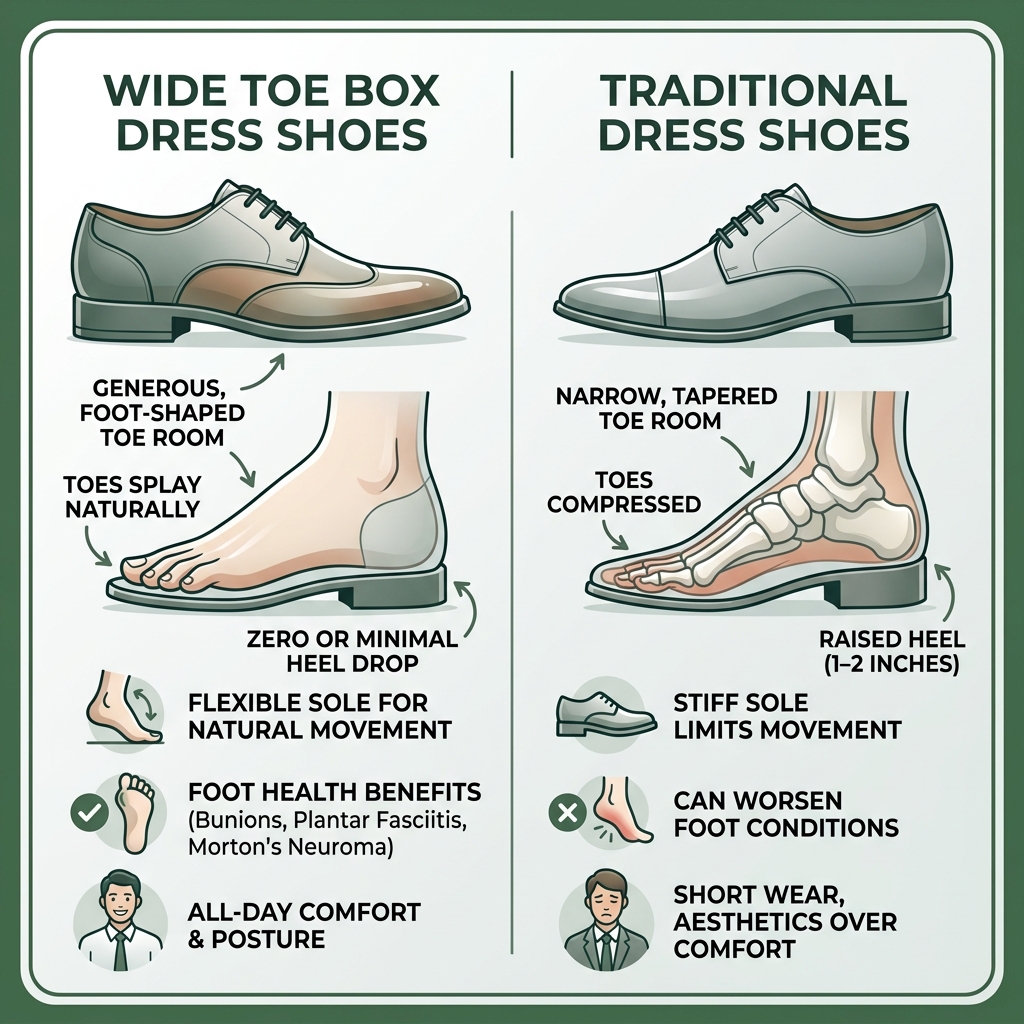 wide toe box vs traditional dress shoe foot anatomy infographic - dress shoes wide toe box infographic 