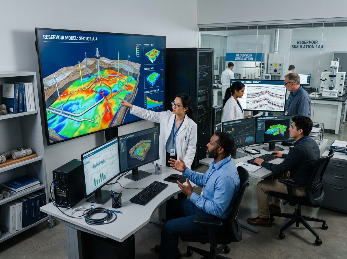 high-tech petroleum engineering lab with engineers analyzing digital reservoir models - oil jobs in saudi arabia