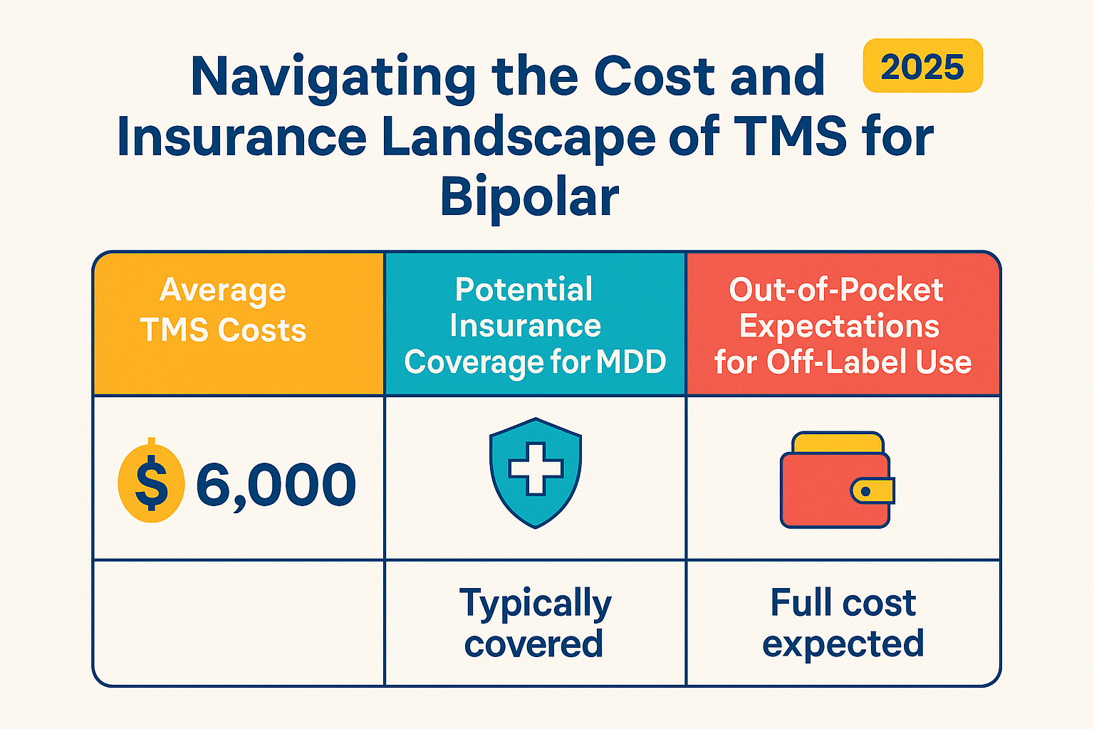 Table comparing average TMS costs, potential insurance coverage for MDD, and out-of-pocket expectations for off-label use - tms for bipolar infographic