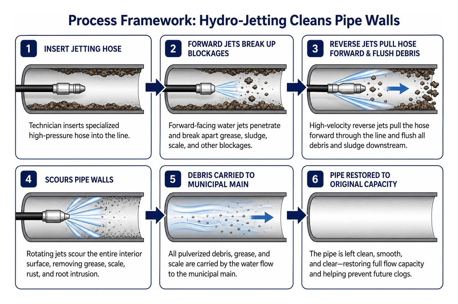Process framework of hydro-jetting water stream cleaning pipe walls Process framework of hydro-jetting water stream cleaning pipe walls